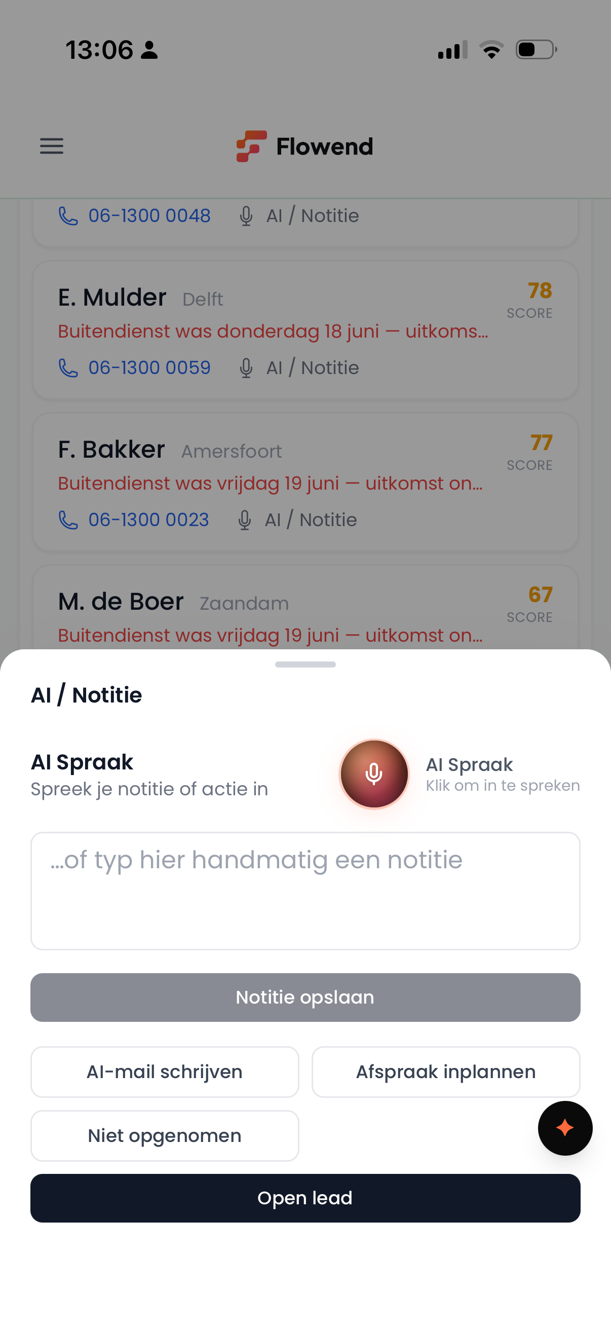 Flowend app: spraaknotitie inspreken met de AI-assistent en directe acties