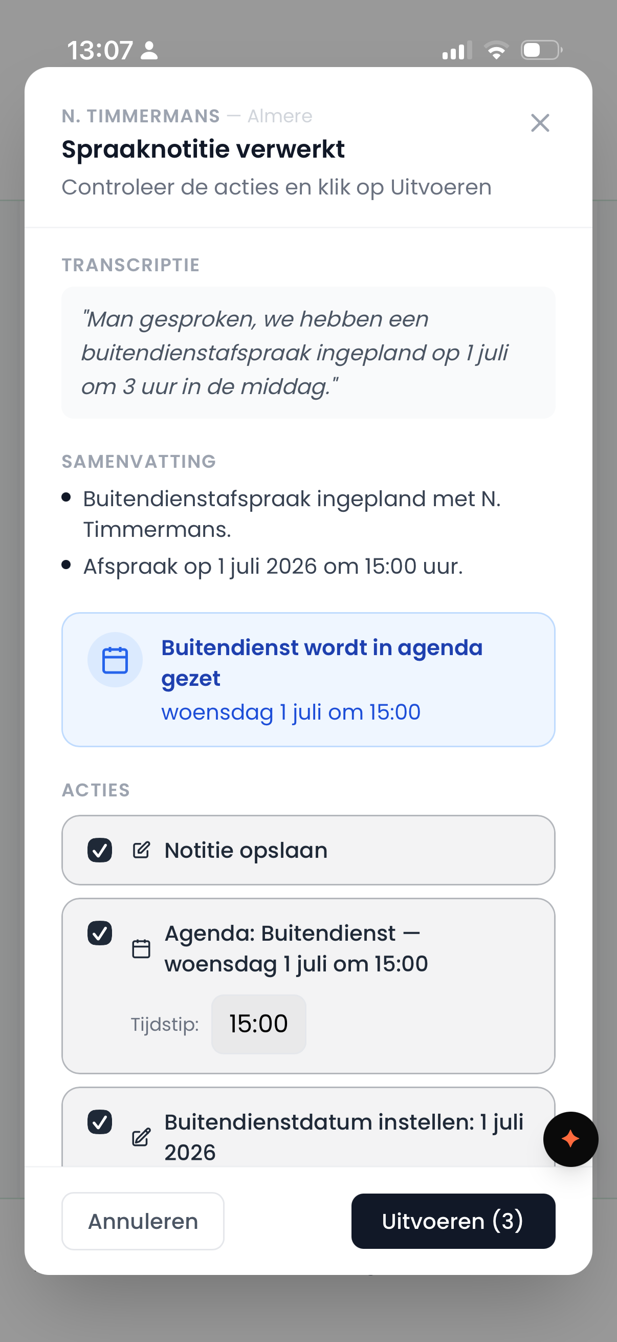 Flowend app: AI-samenvatting van een spraaknotitie met automatische vervolgacties