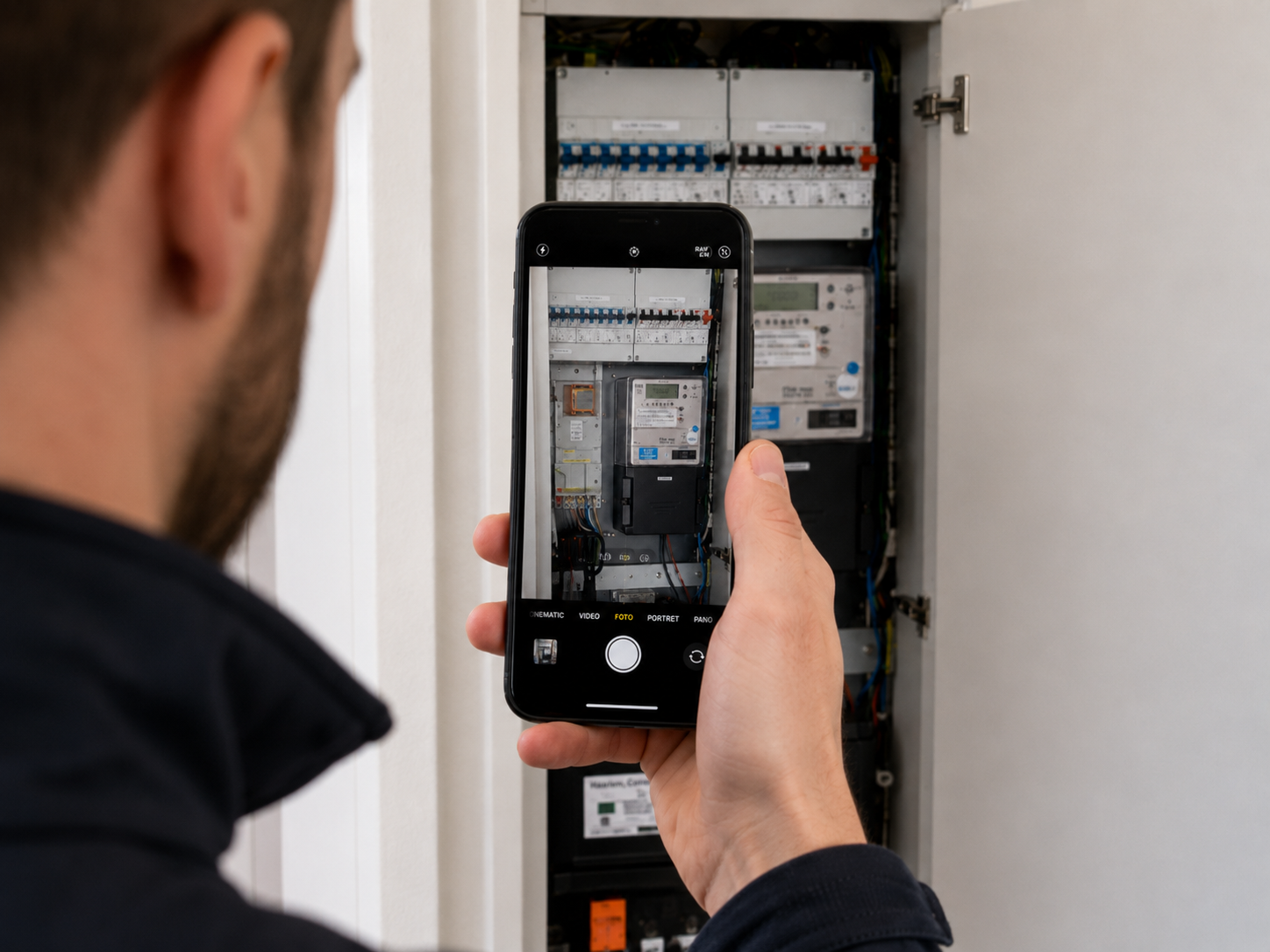 Installateur legt de meterkast vast met de Flowend-app tijdens een schouw